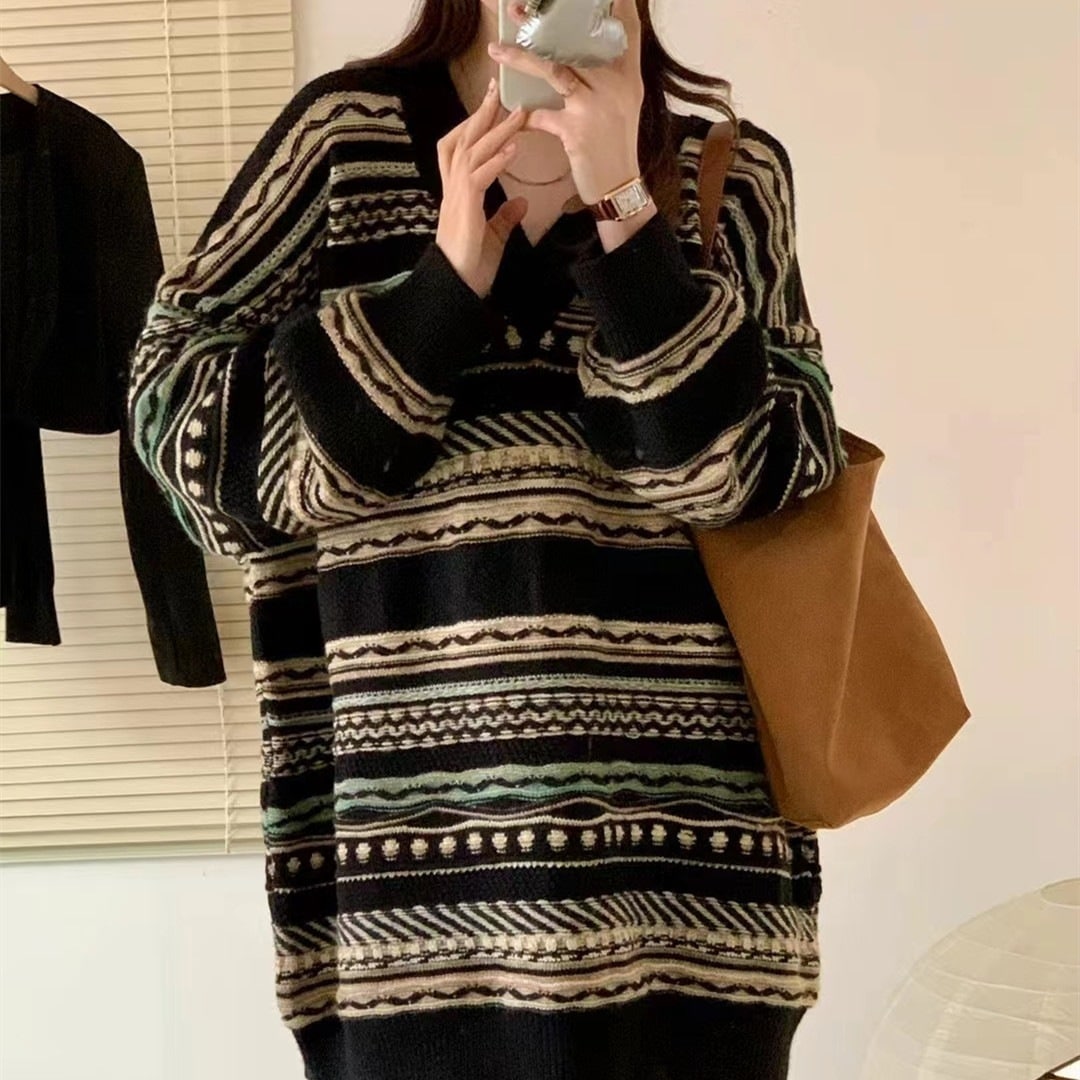 vネックレトロストライプセーターレディースプルオーバーゆったり怠惰な秋冬オールマッチフォレストセーターミドル丈
