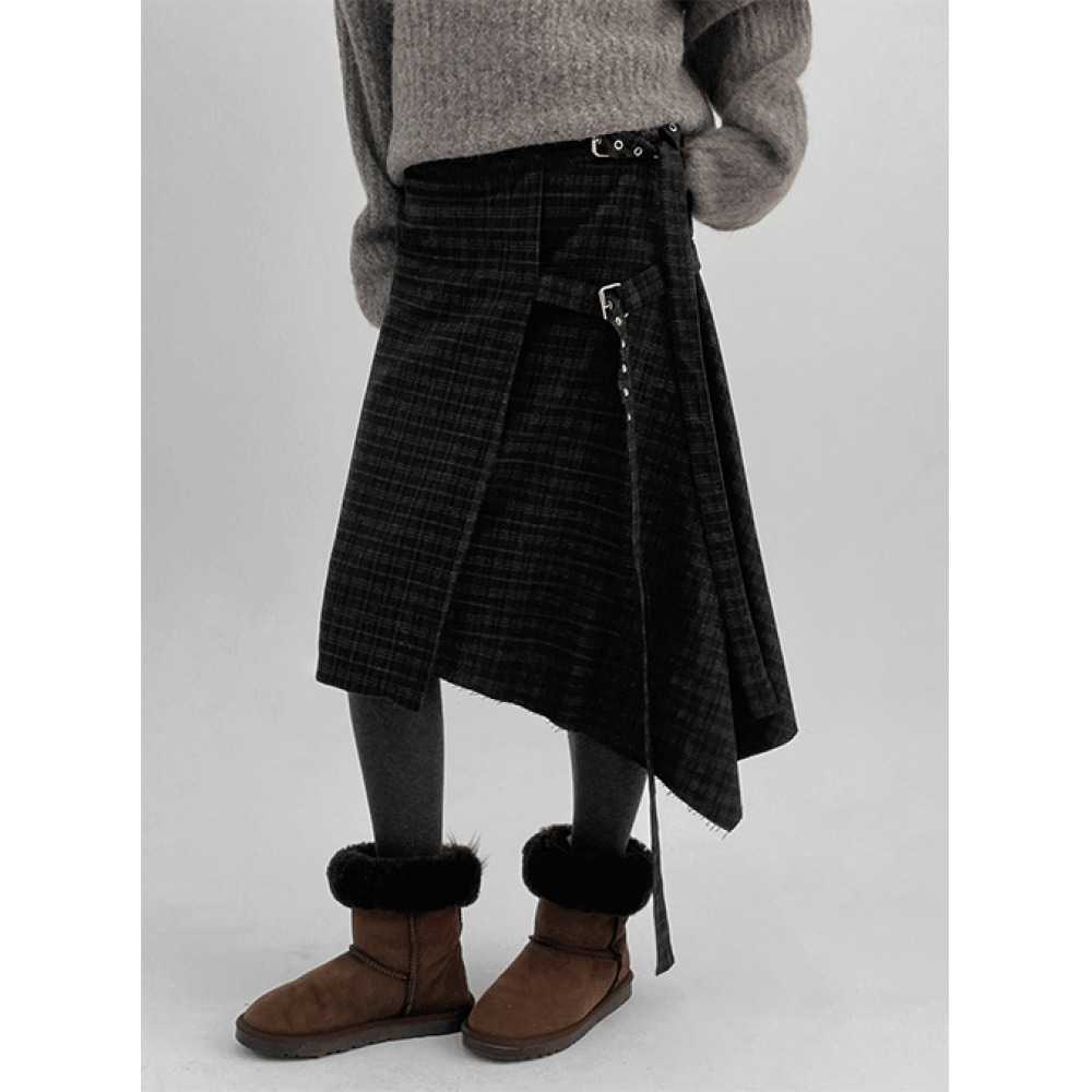 ブラックアップトールバックチェックプリーツミディスカート (30% ウール)