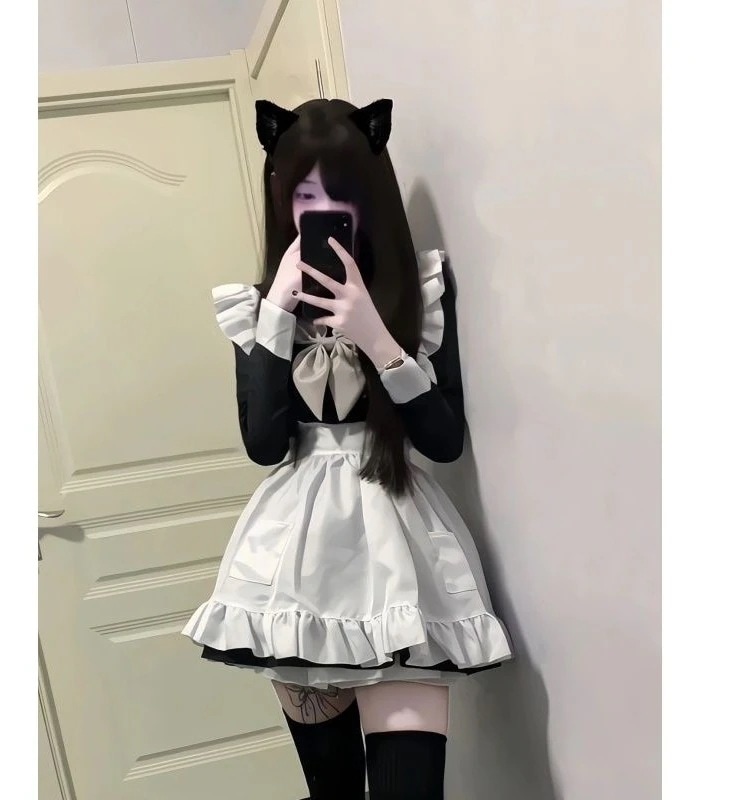 ロリータ感が可愛い 継ぎ接ぎフリル飛び袖エプロン 長袖ス メイド服