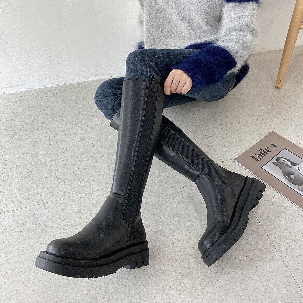 【幸運】ロングブーツ レディース 靴 ロング ヒール4cm ラウンドトゥ 美脚 ボア 厚底 サイドゴア ブー