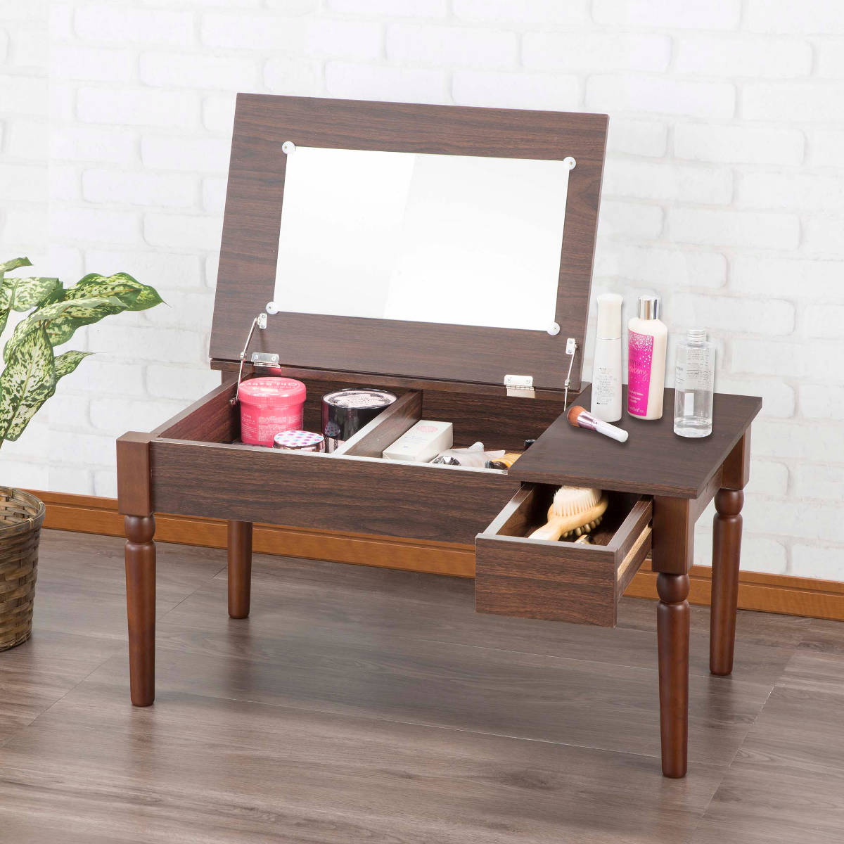 ローテーブル 幅80cm ドレッサー付き 収納 鏡付き 化粧台 鏡台 テーブル コンパクト ロータイプ 木目調 リビングテーブル ミラー 引き出し 可愛い おしゃれ 完成品