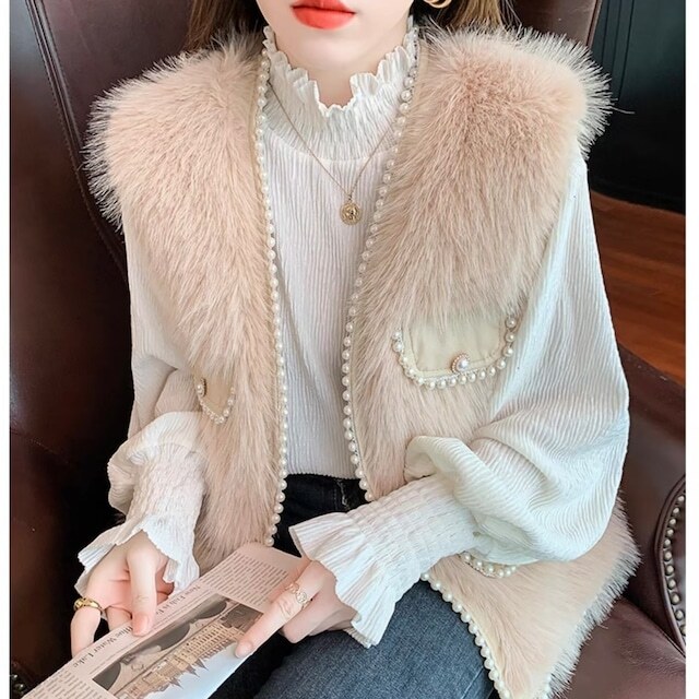 レディース パール付き ファーベスト ファージレ Vネック ノースリーブ もこもこ ふわふわ 大人可愛い ママコーデ ママファッション 韓国系 オルチャン 人気 トレンド 新作 20代 30代 40代