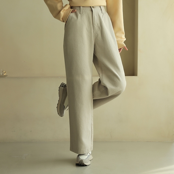 [韓国ファッション] 裏起毛 後ろウエストゴム ハイウエストワイドパンツ