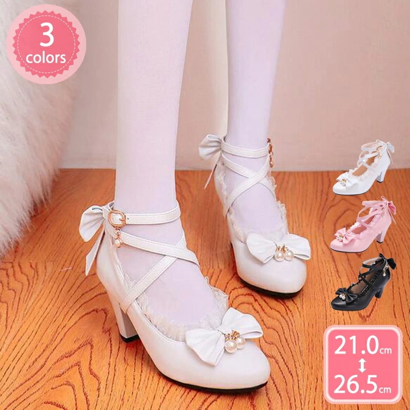 500円OFFクーポン レディース かわいい ローヒール パンプス リボン ロリータ パンプス ストラップ ロリータ靴 レディース パンプス ハイヒール ストラップパンプス サイズ大きい 大きい/小さ