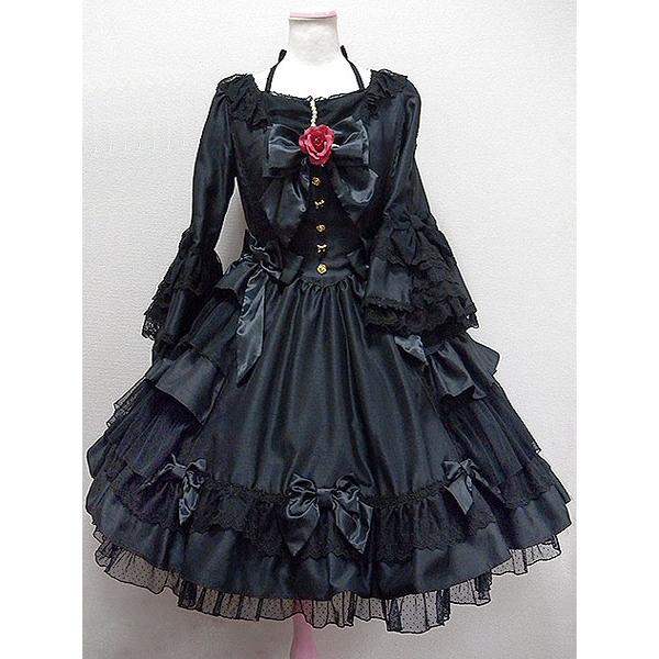 ゴスロリワンピースOP　ブラック　ロング姫スリーブ　レースフリル　リボン　ボタンロリータワンピースワンピース　レットフラワーアイドル衣装-545