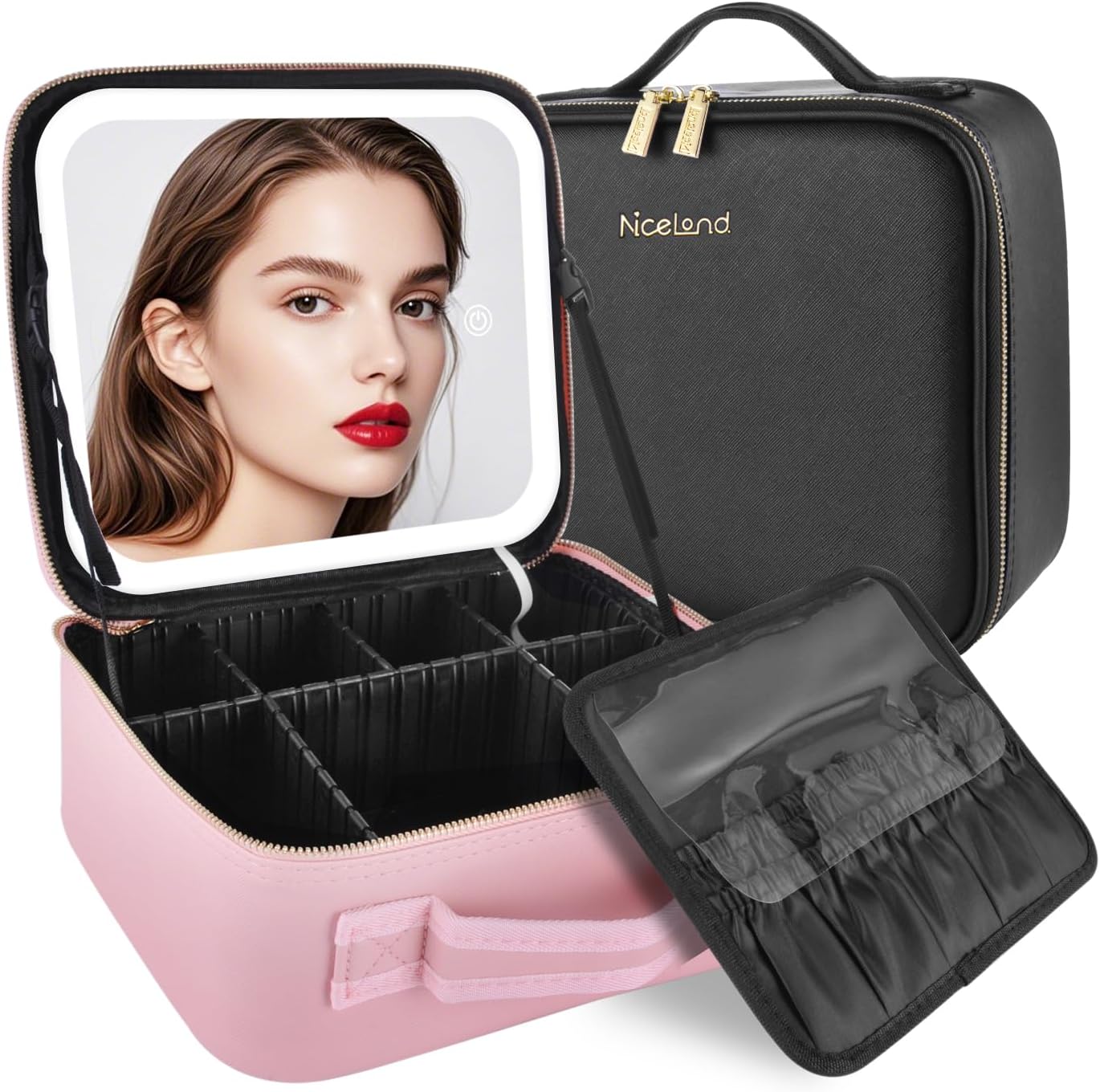 化粧品収納ボックス LED鏡付き 三色ライト調節 手持ち 大容量 持ち運び 旅行 Pink