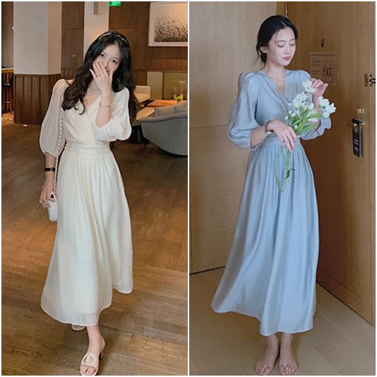 【取寄：納期2週間】半袖ワンピース ワンピースドレス 大きいサイズ 2XL フェミニン 上品 お呼ばれ きれいめ お洒落 Vネック ボリューム袖 体型カバー ロングスカート 無地 レディースワンピース 6,943円