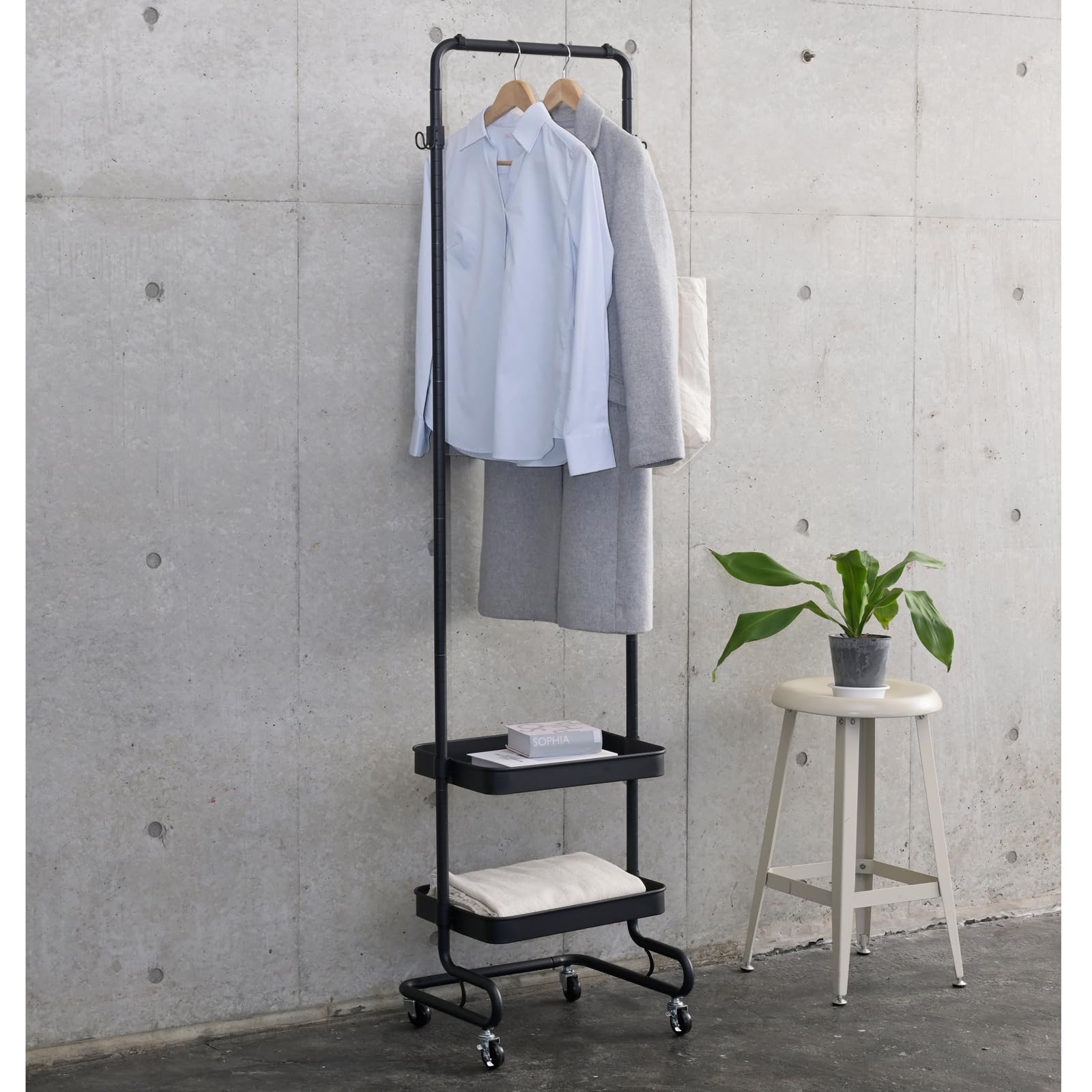 山善(YAMAZEN) ワゴン ハンガーラック トローリーハンガー スリム キャスター付き (高さ4段階調節/バスケット2つ付き/全体耐荷重27kg) 幅51×奥行38.5×高さ113.5/139/1