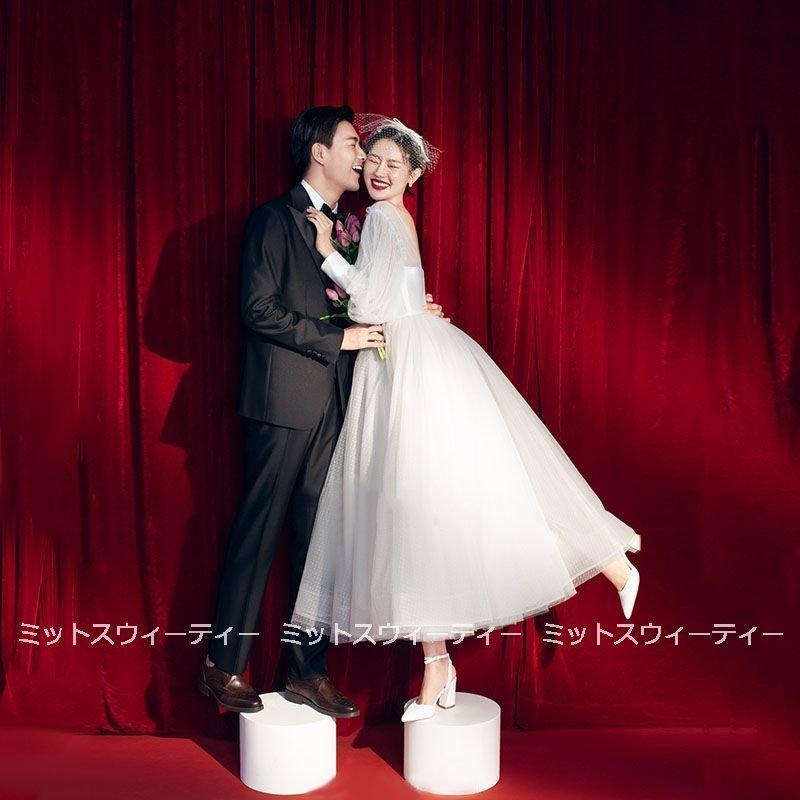 韓国ファッションブライダル 可愛い パーティードレス 演奏会 プリンセス 挙式 結婚式 ウェディングドレス ハネムーンフォト 白 花嫁 ロングドレス パフスリーブ 二次会 披露宴