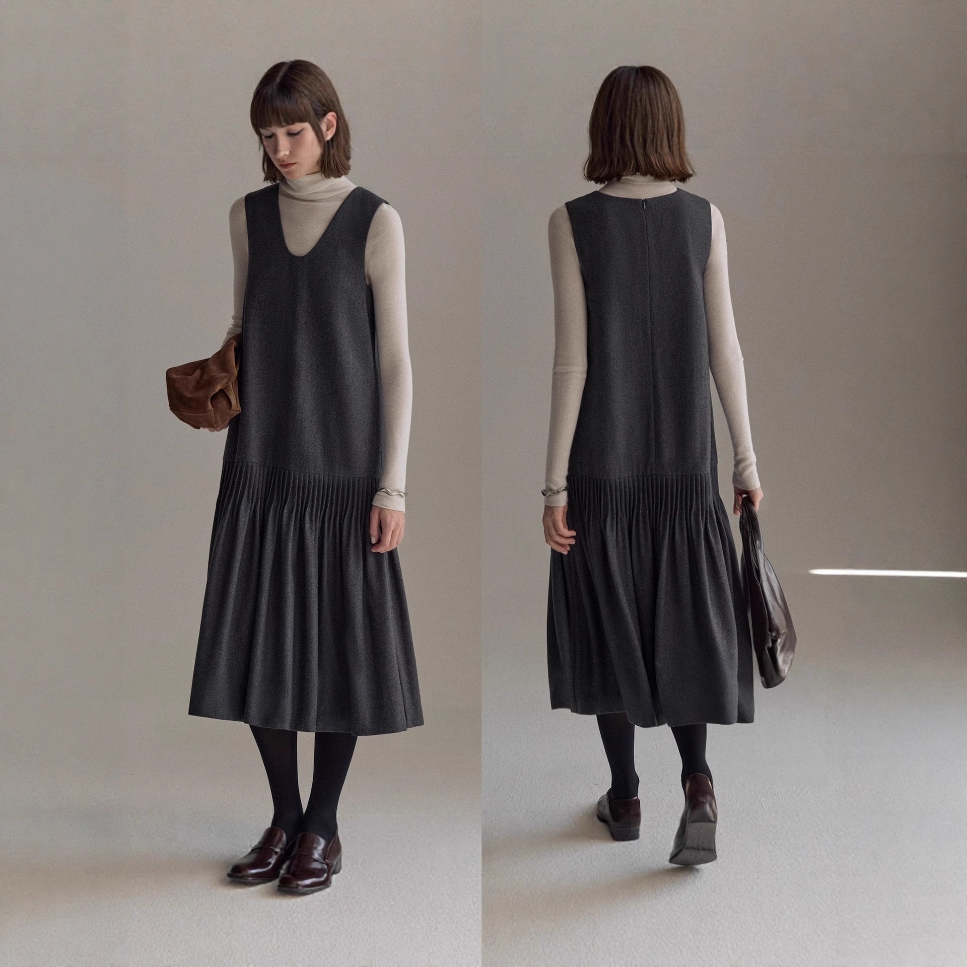 秋冬ハンドメイドタックプリーツ 綾織りVネックノースリーブベストドレス AラインスリムワンピースAラインワンピ