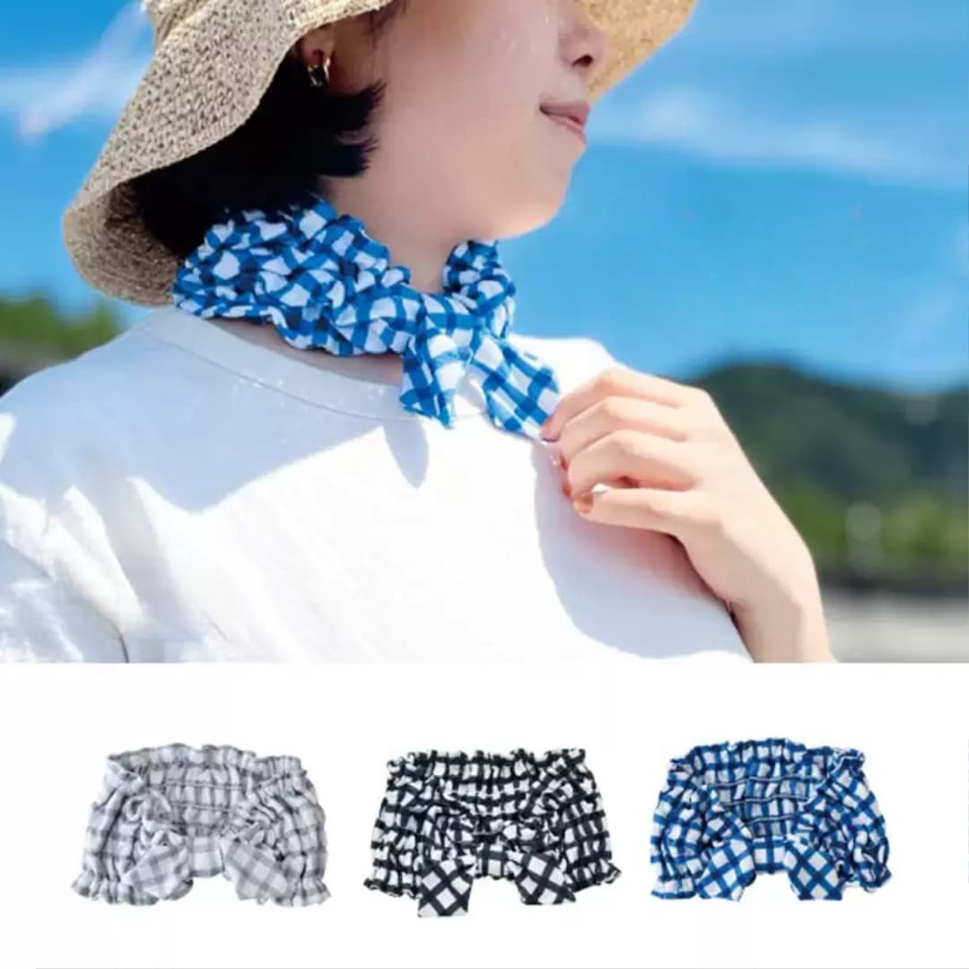 ネッククーラー アウトドア キャンプ 野外 フェス スカーフ リボン チェック柄 クール 通気性 レディース フェミニン かわいい 大人可愛い シンプル カジュアル おしゃれ こなれ感 ラフ キュート