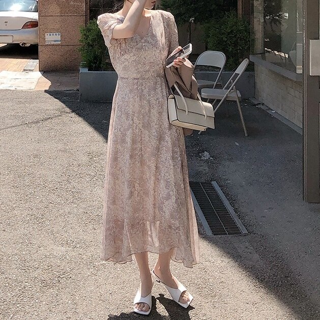 ワンピース 半袖 春夏 きれいめ フォーマル Aライン ワンピドレス ミモレ丈 ロング丈 五分袖 パフスリーブ Vネック 襟なし フレア Aライン 透け感 色展開 ベージュ S M L XL ゆったり