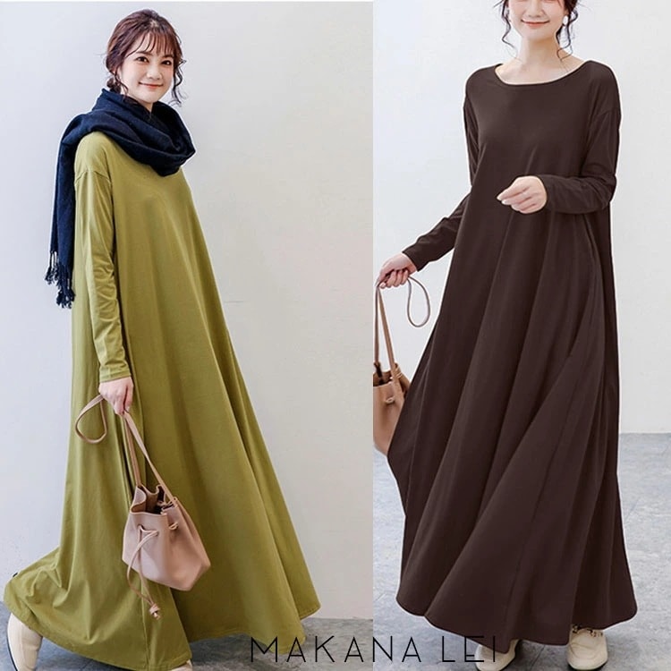【新作】セール レディース ワンピース　ロング丈 体型カバー無地 ミモレワンピ ロング丈ワンピース ワンピ 通勤 ゆる レディース マキシワンピース 長袖 Aライン オシャレ 秋 冬 4,985円