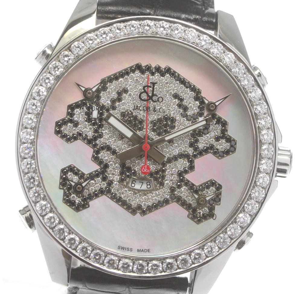 美品 保証書/箱付【JACOB&CO】ジェイコブ ファイブタイムゾーン スカル 純正ダイヤ JC-SKULL7D クォーツ メンズ【中古】