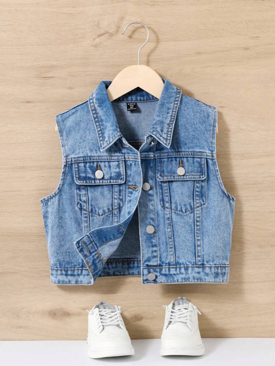 SHEIN トゥイーン・女の子のY2Kサマーボホ水洗いカジュアルファッショナブルカレッジスタイルの袖なしデニムジャケット
