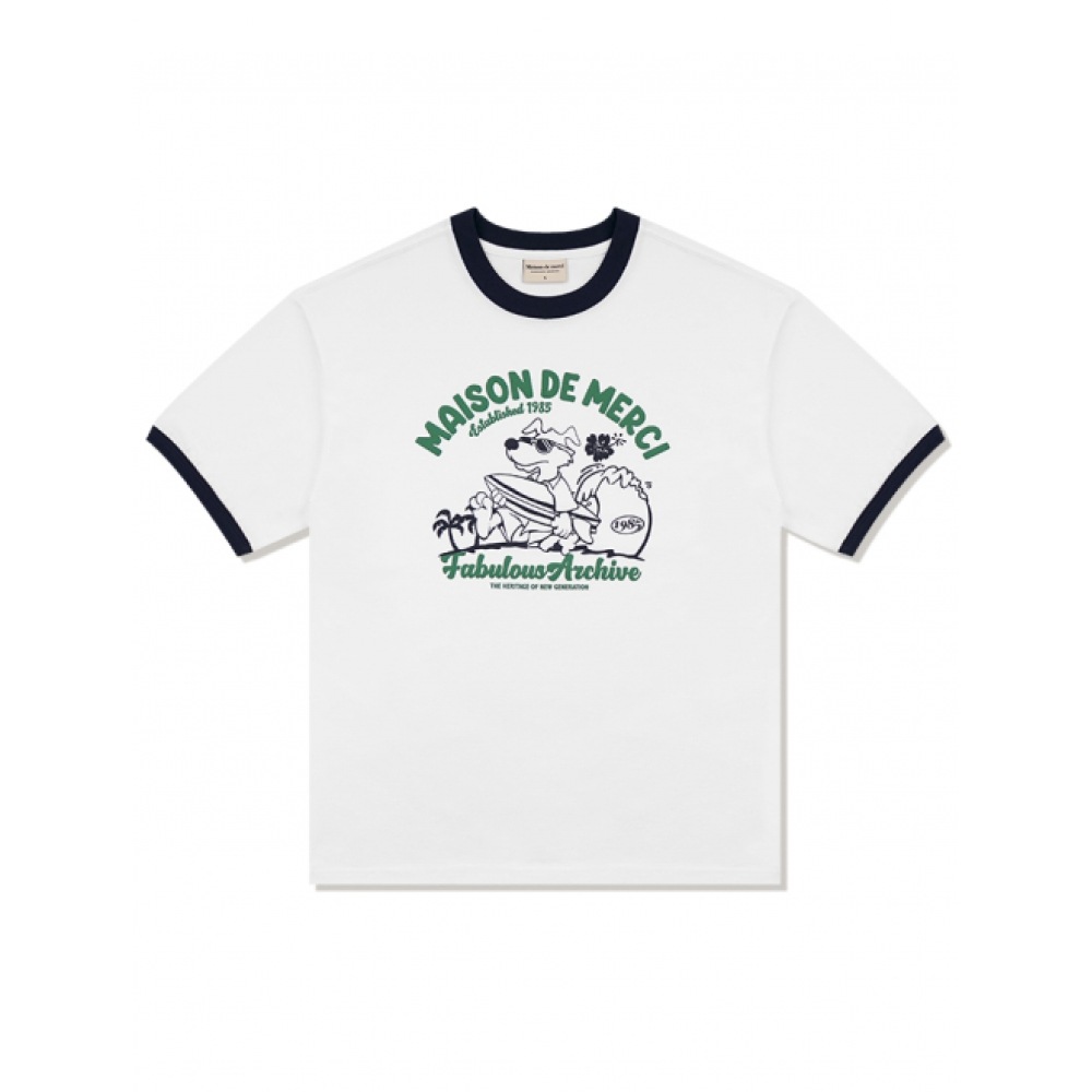 ファビュラスアーカイブユニセックスオーバーフィットパピーサーフィンリンガーショートスリーブ T シャツホワイト (FCE2TS401M)