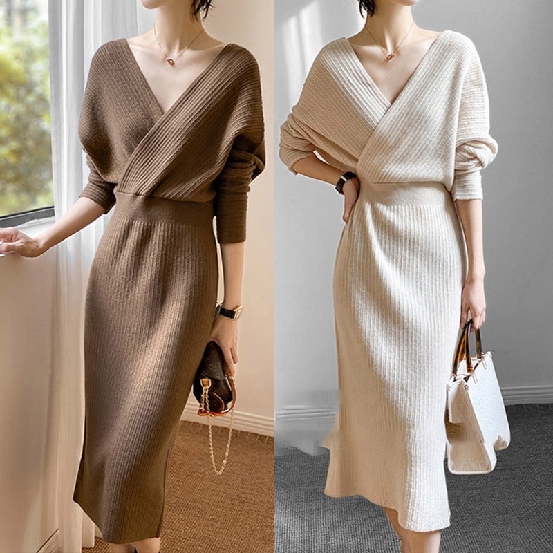 ワンピース レディース ニットワンピース S M L XL 韓国 ロングワンピース 膝下 ミディアム丈 長袖 Vネック ウエストマーク かわいい 大人可愛い きれいめ シンプル カジュアル 大人 上品