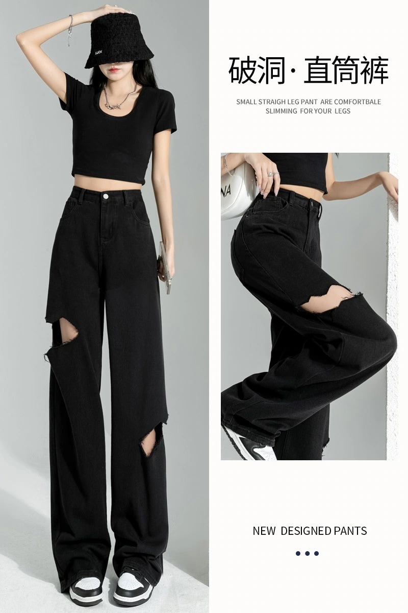 ブラックデニムレディースルーズストリートストレートドレープハlイウエストパンツ女性ニッチデザインセンスワイドレッグ潮
