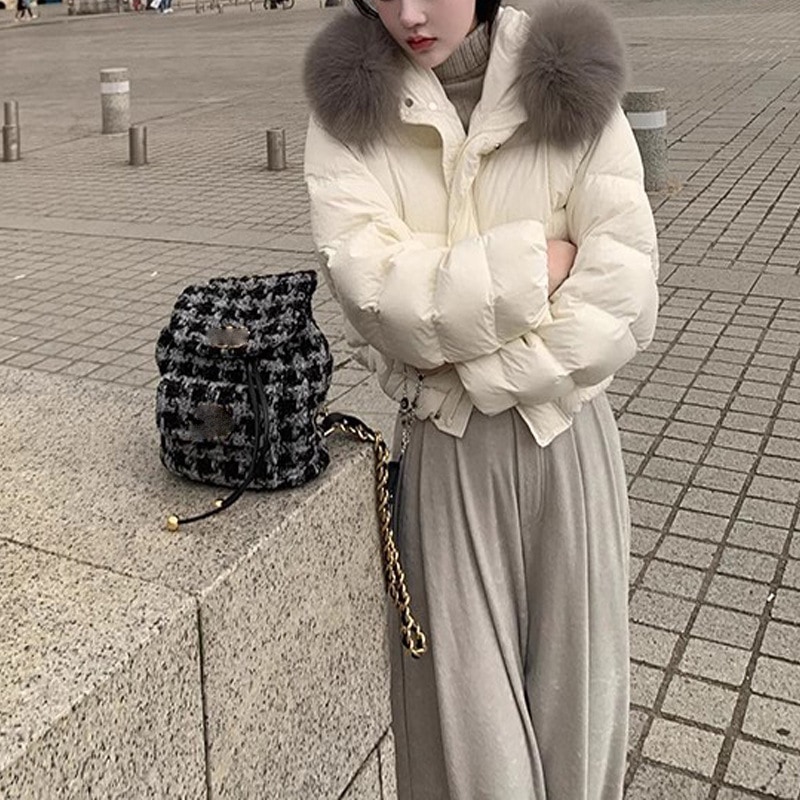レディース 2025 新スタイル ハイエンド エレガント ダウンジャケット 大きなファーカラー フード付き ホワイトダックダウン90% 厚手パファージャケット