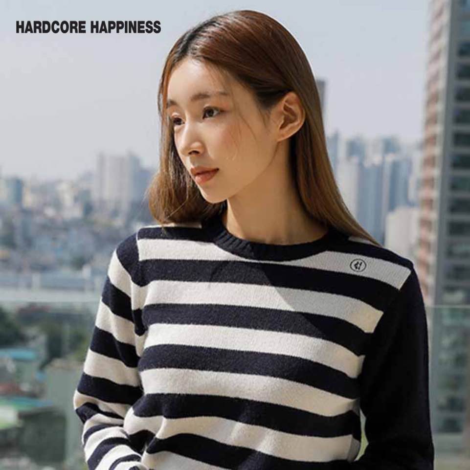 HARDCOREHAPPINESS 公式 ストライプロゴ刺繍ニット セーター 韓国正規品