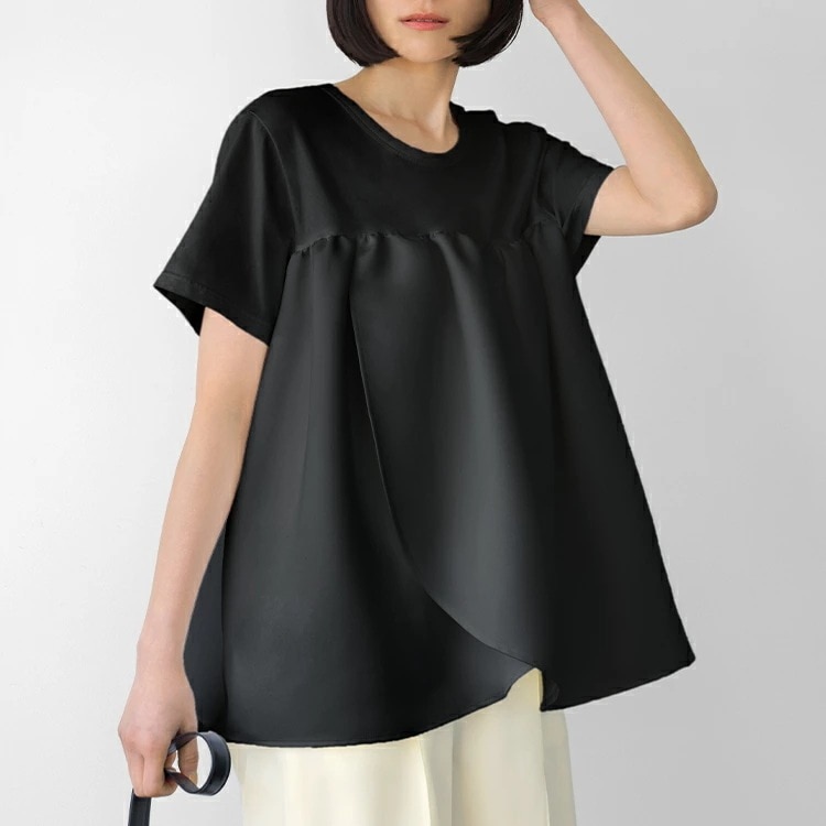 国内発送 トップス カットソー レディース 春 半袖 きれいめ ナチュラル プルオーバー ゆったり シンプル 大きいサイズ 可愛い かわいい おしゃれ 体型カバー フレア 2way 異素材 ドッキング 5,733円