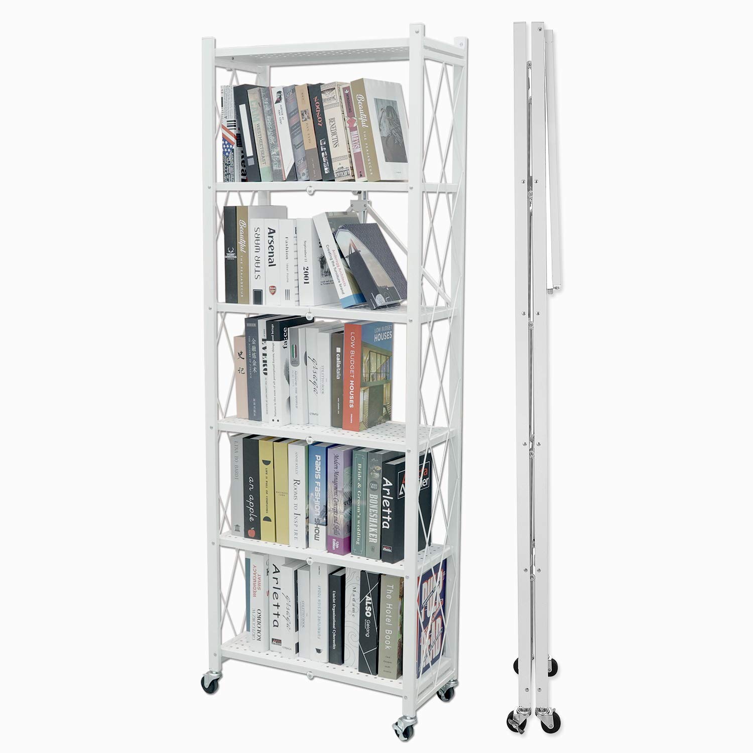 E-WIN 折りたたみラック 6段 キャスター付き 【届いてすぐ使える！】幅64cm 棚 本棚 キッチン 食器棚 大容量 省スペース スリム コンパクト 収納 スチールラック ホワイト 白 X-6-W