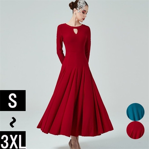 社交ダンス ドレス スタンダード 社交ダンス衣装 ワンピース モダンドレス 大きいサイズ 長袖 ドレス 社交ダンス衣装 赤 ダンス発表会 広がる裾 スタンダードドレス 競技着 練習着 演出用 ワルツダ