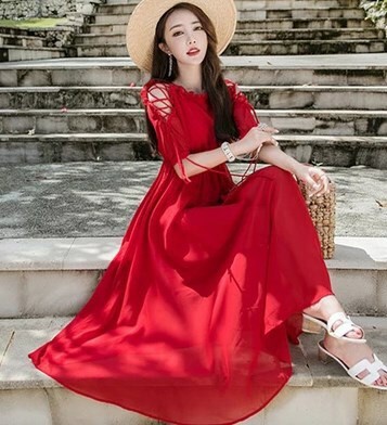 リゾートワンピレッドブラックピンクビーチ沖縄ハワイ結婚式半袖レースアップ上品マキシドレスシフォン