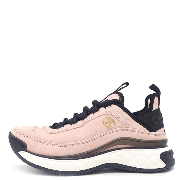 シャネル スニーカー マトラッセ柄 ソール スウェード ライトピンク×ブラック ＃36 ゴールド金具 ココマーク ロゴ ローカット G45331 【箱】【中古】