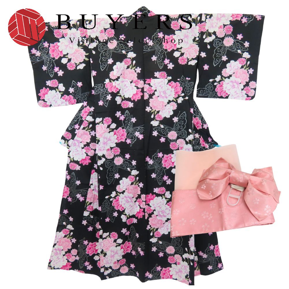 中古 浴衣 3点セット 作り帯 兵児帯 綿 ポリエステル ブラック ピンク 変わり生地 ラメ入り リボン 和装 呉服 和服 きもの レディース 女性