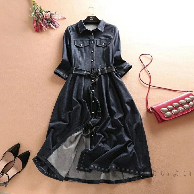 激安セールデニムワンピース レディースできれいめ 長袖 30代 40代 50代 60代 デニム 前開き ベルト 大きいサイズ 夏 秋 冬 春 ロング丈 チェック ロングワンピース かわいい カジュアル