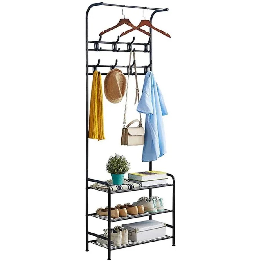 衣類収納 寝室 3段棚付き 靴収納 多機能収納ラック 組立簡単 収納ラック 安定性拔群 コート掛けラック 洋服掛け本棚ラック押入れ