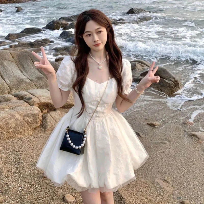 【1つ買うと10つ無料】スウィートプリンセス風力ドレス女性学生夏ホワイトロルタパフスカート