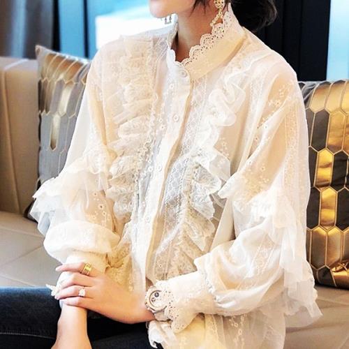 【即納】ブラウス 総レース フリル 韓国 花柄 スタンドカラー 春 秋 冬 長袖 おしゃれ 可愛い パンチング レース スーツ ゆったりめ ボリューム袖 レトロ シースルー 透け感 清楚 お嬢様 上品