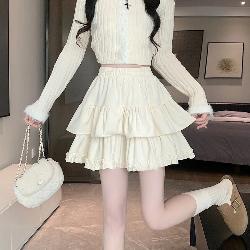 【1つ買うと10つ無料】春と秋の女性のためのアプリコットケーキスカートハイウエストスリム小さな ライン露出アンチエッジュールプリーツプリーツスカート