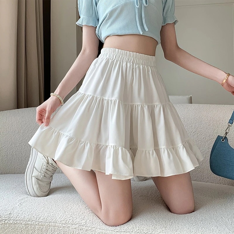 【1つ買うと10つ無料】2025夏のホワイトショートスカートハイウエストスリムなふわふわスカートケーキスカートラインスカート女性