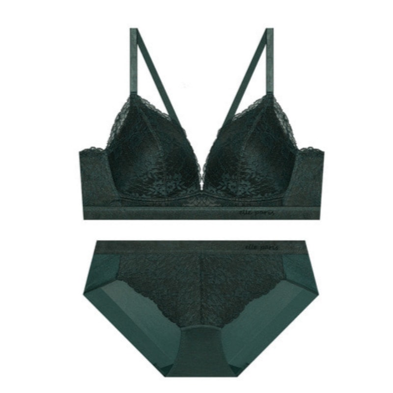 ソフトフィット ノーワイヤ レース ブラ パンツ セット - ダークグリーン 75B 90