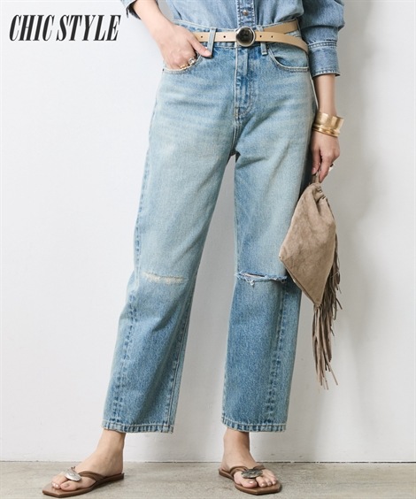 ロングパンツ 綿100％ヴィンテージ風9分丈デニムパンツ 大きいサイズ有 シックスタイル