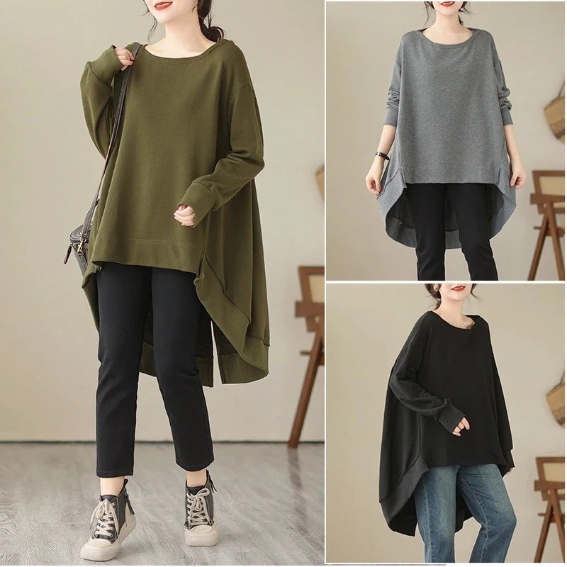 ロンTスウェットパーカー長袖ブラウスロングスリーブトップス体型カバーチュニック今年もクルーネックトップス春 新品入荷 大サイズ スウェットロ