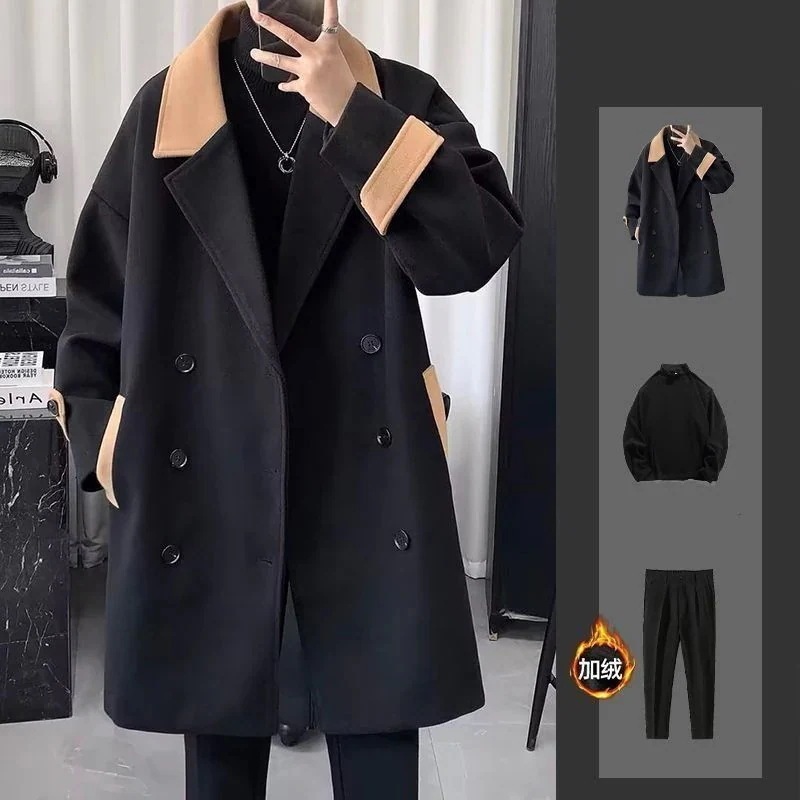 2024新作 おしゃれ ファッションスーツ 秋冬 メンズ ラシャコート+長袖Tシャツ+裏起毛 パンツ 3点セット セミロング ジャケット セットアップ