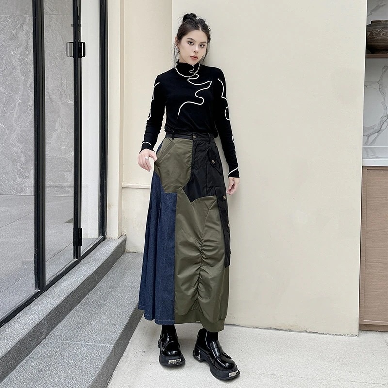 【J.Fashion】 2024秋新品 デニムスカート ドッキング Aライン 欧美風 レディース ロングスカート メガ割30%制限