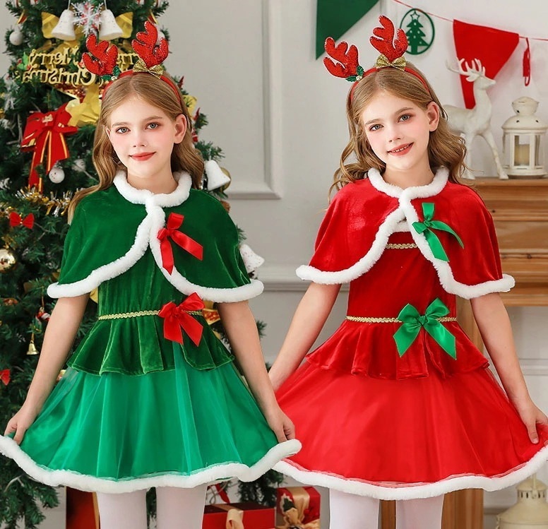 迅速な出荷 女の子 クリスマス 衣装 サンタ服 ケープ＋ショート丈ワンピース 蝶リボン付き チュール切り替えスカート ベルベット サンタクロース コスプレ 衣装 ショート丈 クリスマス ドレス Xma