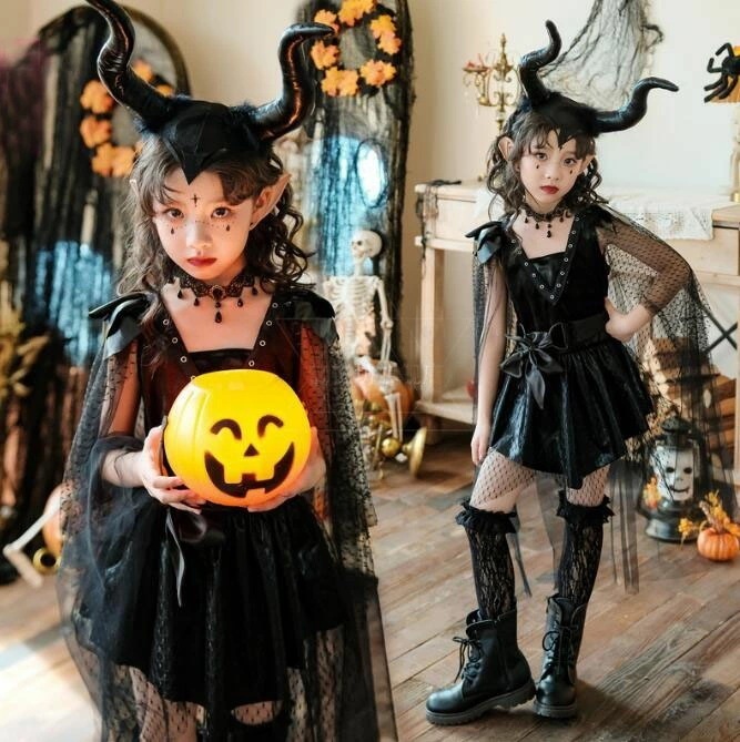 迅速な出荷 子供 ハロウィン コスプレ 衣装 マント ケープ風 ワンピース ショート丈 膝丈 ゴシック＆ロリータ 暗黒 ドレス 女の子 巫女 悪魔 魔女 仮装 キッズ 小悪魔 吸血鬼 ヴァンパイア プ