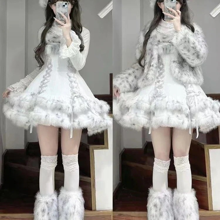 クリスマスの服装ロリータ長袖ロリータモコモコ保温ポンポンスカート2点セット