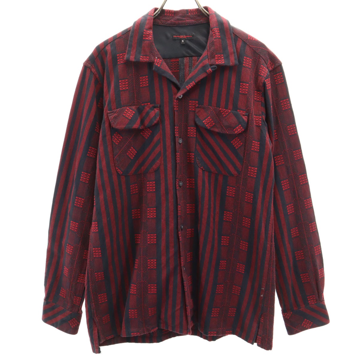 ENGINEERED GARMENTS エンジニアドガーメンツ USA製 ストライプ柄 長袖 オープンカラーシャツ S レッド 開襟 メンズ 古着