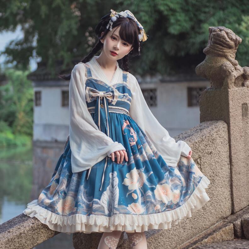 中華ロリータワンピース 可愛いロリータ服 ジャンパースカート プリンセスドレス 可愛いワンピース プリント柄 チャイナドレス パーティードレス Lolita 大人コスチューム ゴスロリ ハロウィン コ