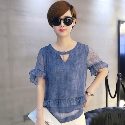 2055.袖コンシャスフリルシフォントップス(ブルー)