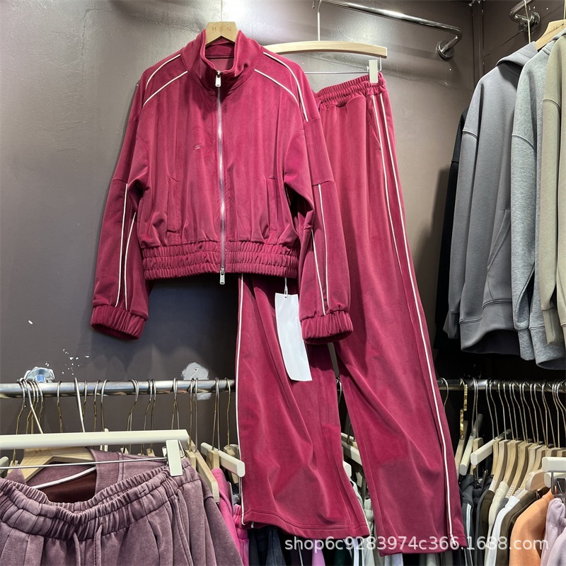 レトロベルベットセータージャケットカジュアルスポーツスーツレディース2024秋デザイントップスワイドレッグパンツ
