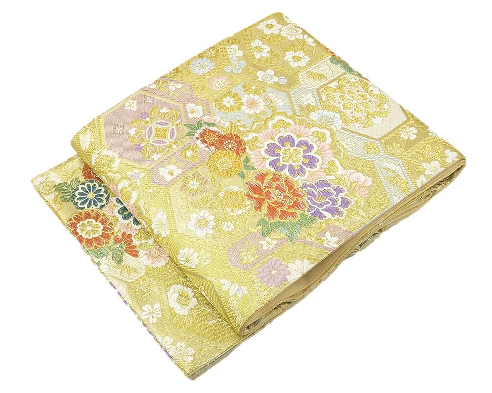 袋帯 新品仕立済 正絹 西陣 大光謹製 織成絢綾錦 亀甲四季花模様 袋帯 新品 仕立て上がり g2737