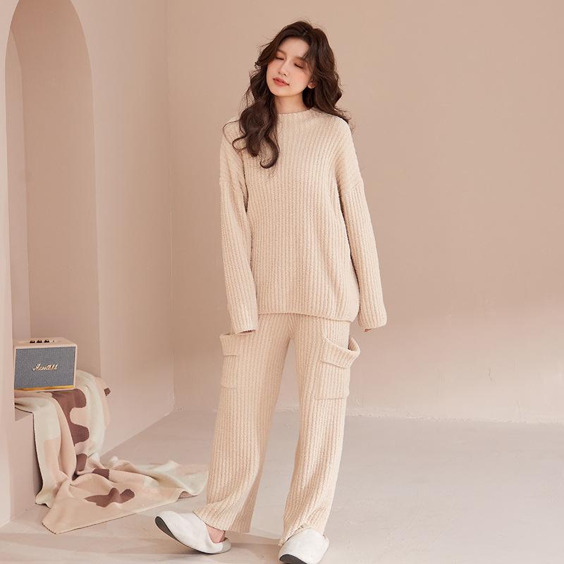 長袖 暖かい リブモールニット パジャマ レディース 可愛い 部屋着 寝間着 もこもこ ルームウェア トップスボトムス 外出 上下セット セットアップルームウェアパジャマ